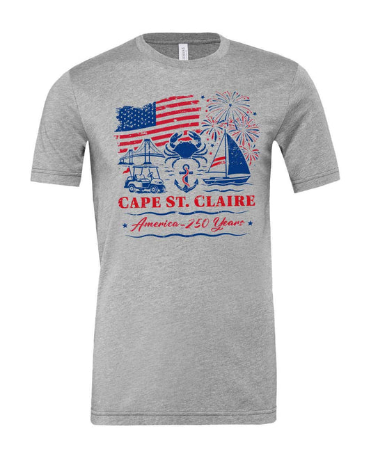 Gray t-shirt with Cape St. Claire graphic design featuring an American flag, boat, and other elements on a white background.