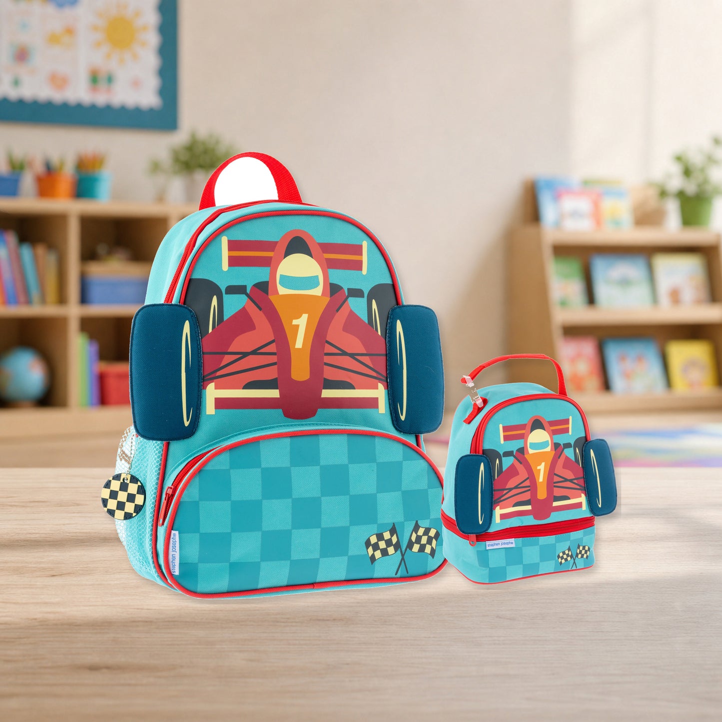 Stephen Joseph Character Lunch Pal Lunch Box, Racecar matching SJ102024 backpack and lunchbox kit lifestyle image