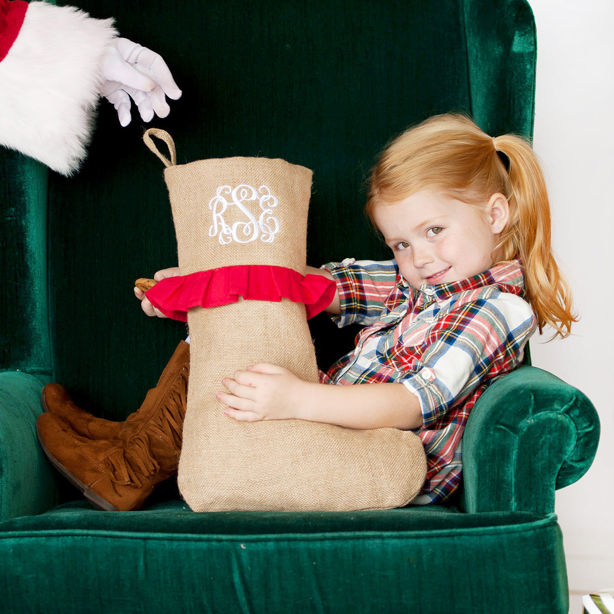 Solid Burlap with Red Ruffle Christmas Stockings