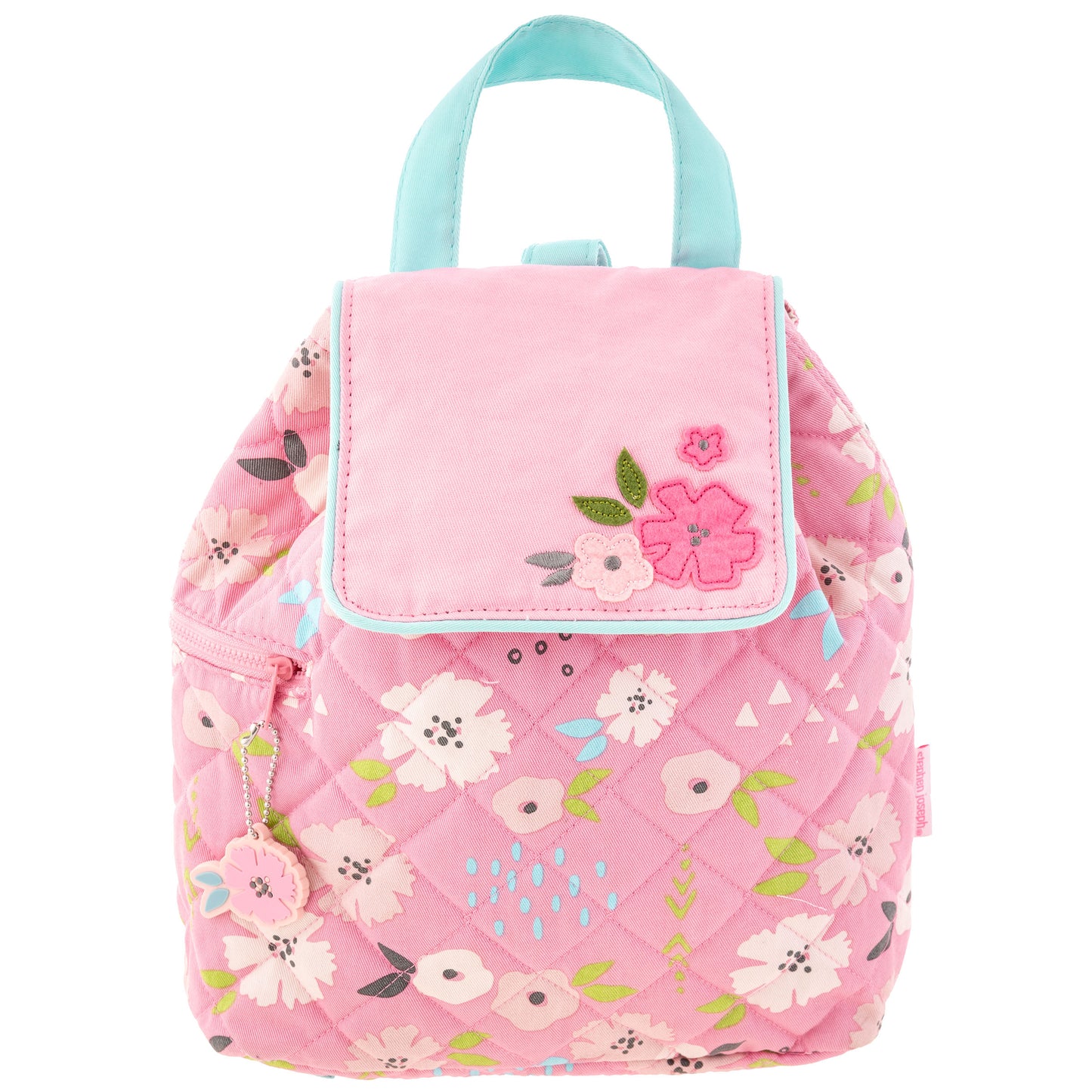Pink quilted floral backpack with aqua handles, appliqué flap, side zipper and flower charm.