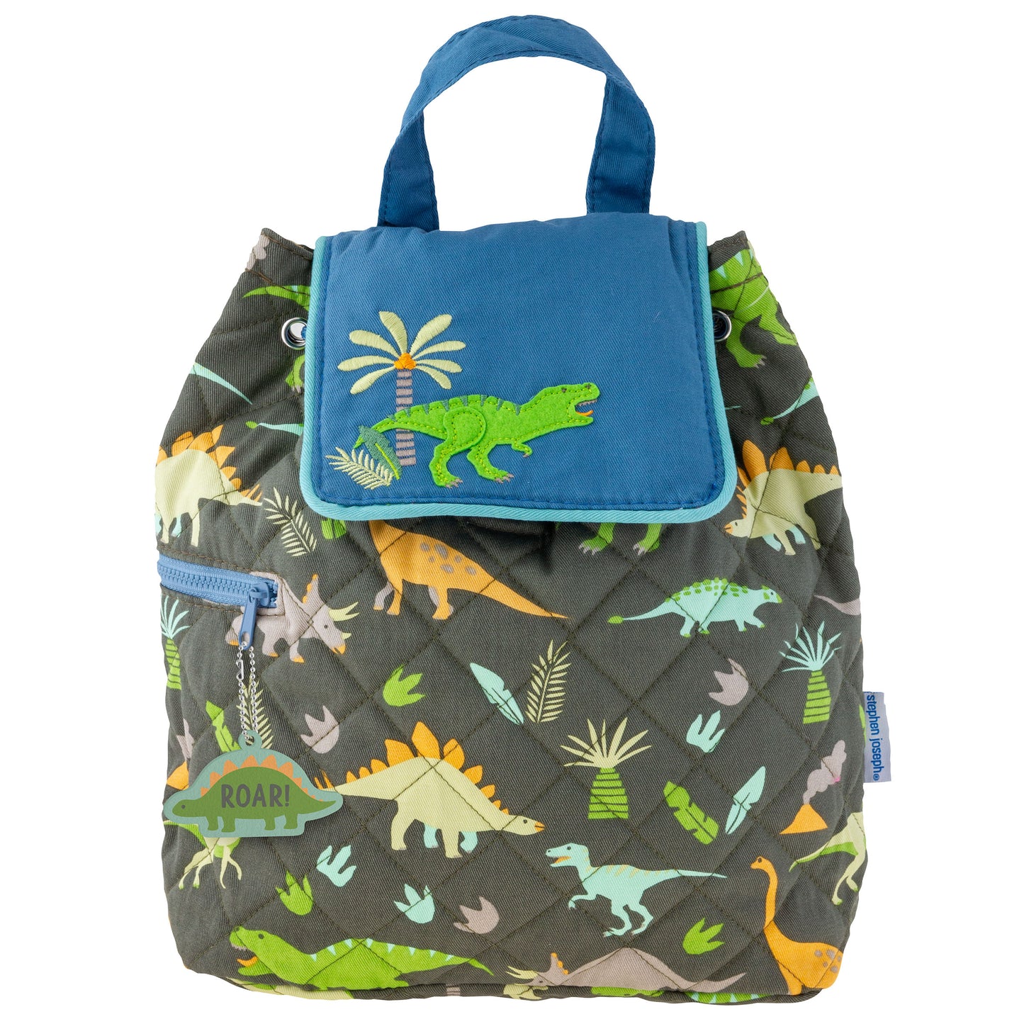 Quilted gray dinosaur backpack with blue flap, green alligator appliqué, handles and side zipper.