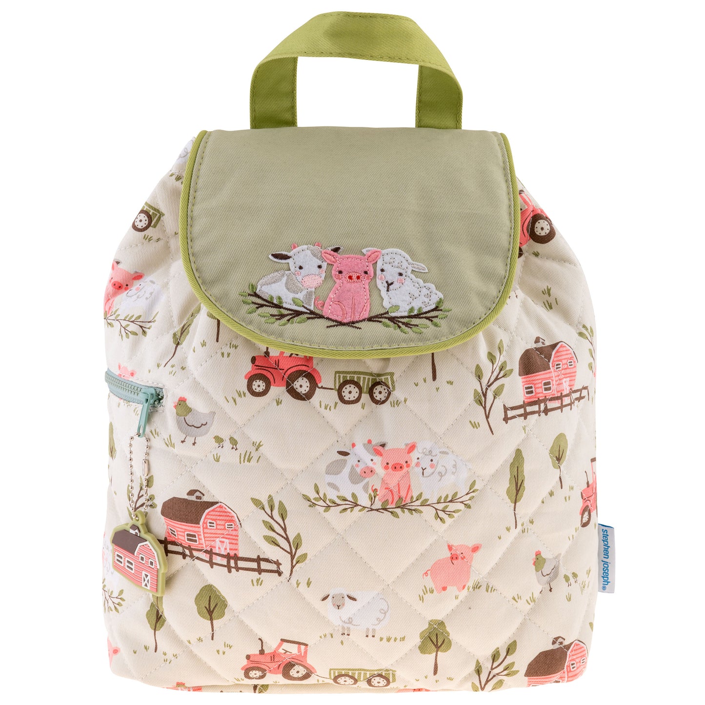 Cream quilted backpack with pink farm print, sage flap, embroidered animals, top handle and side zipper.