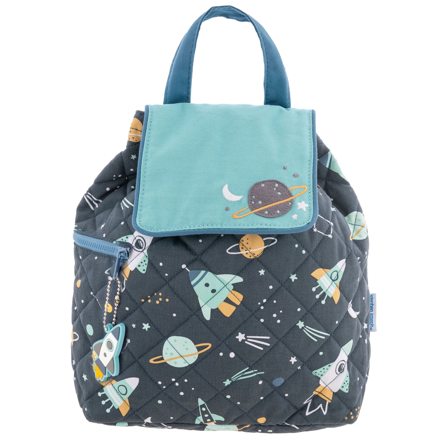 Quilted navy lunch bag with mint flap, space-print rockets and planets, top handle, zipper, and rocket charm.