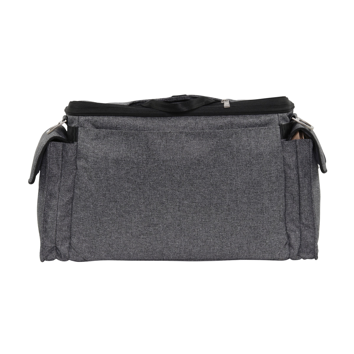 Gray heathered Ju-Ju-Be Clone diaper bag with black trim, shown from the back.