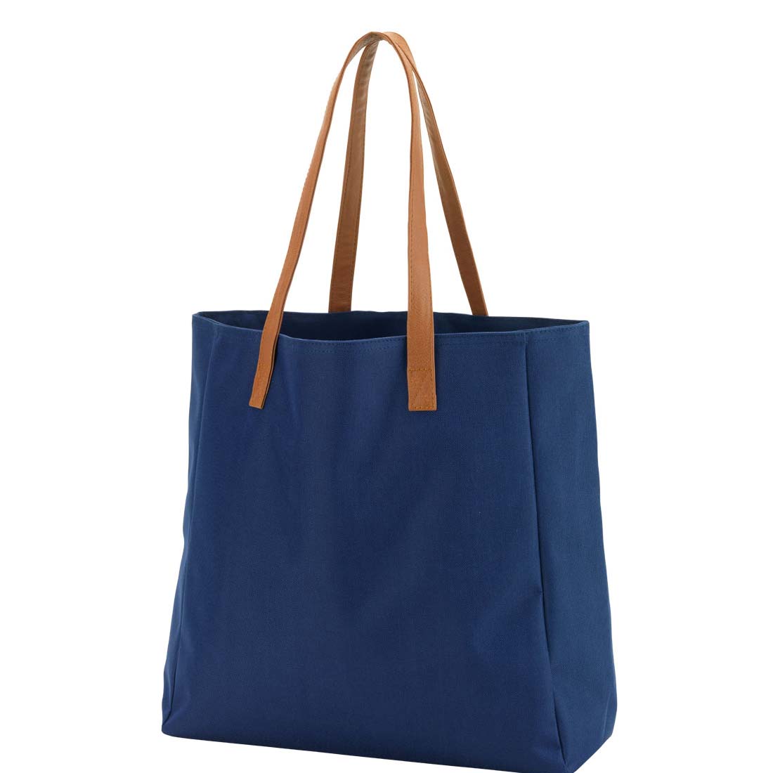 Navy tote with tan handles