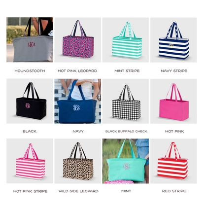 Collage of oversized totes in solid colors, stripes and animal prints