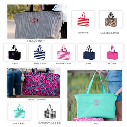 Collage of personalized oversized totes with solid, striped and patterned examples