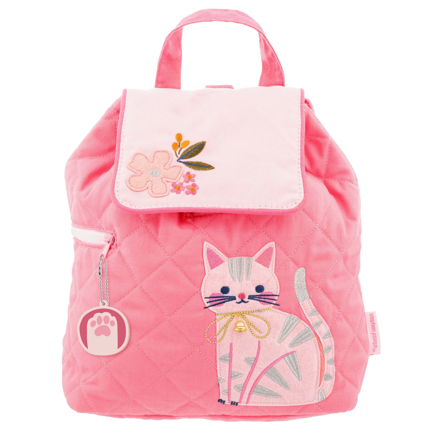 Pink quilted toddler backpack with embroidered cat design