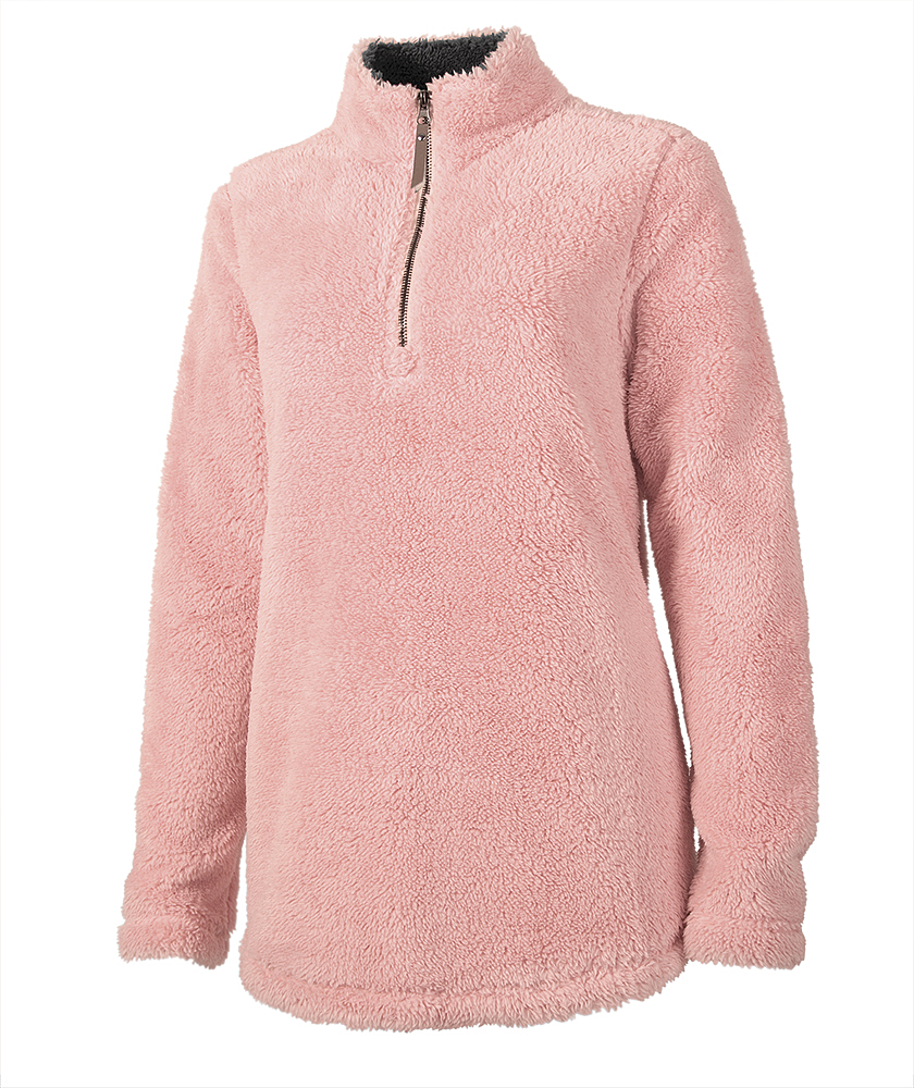Pink sherpa fleece pullover with a half-zip and a dark inner collar lining.