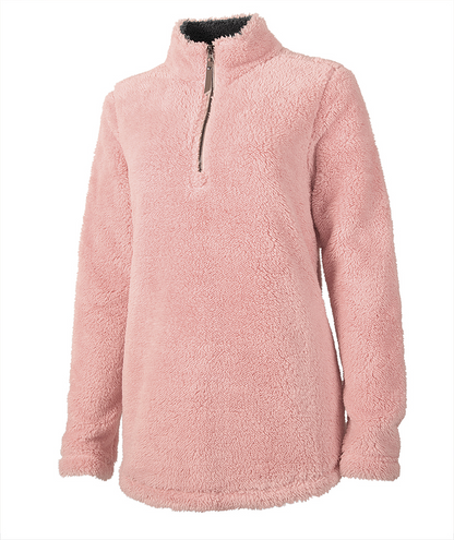 Pink sherpa fleece pullover with a half-zip and a dark inner collar lining.