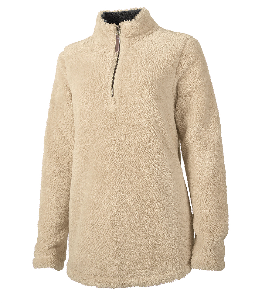 Beige sherpa fleece pullover with a half-zip closure and a dark grey inner collar lining.