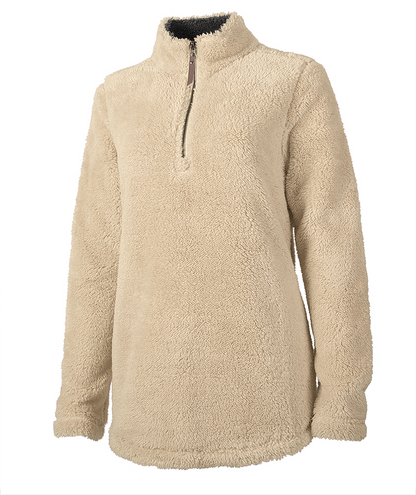 Beige sherpa fleece pullover with a half-zip closure and a dark grey inner collar lining.