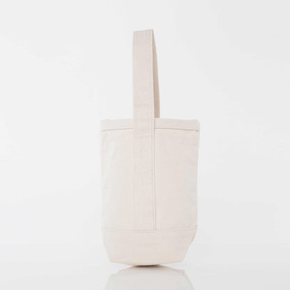 Plain natural canvas wine tote bag shown from the back, cream colored with a single handle, no visible monogram or embroidery on this side