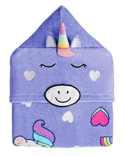 Personalized Unicorns & Rainbows Hooded Beach Towel for Kids, folded view showing unicorn hood