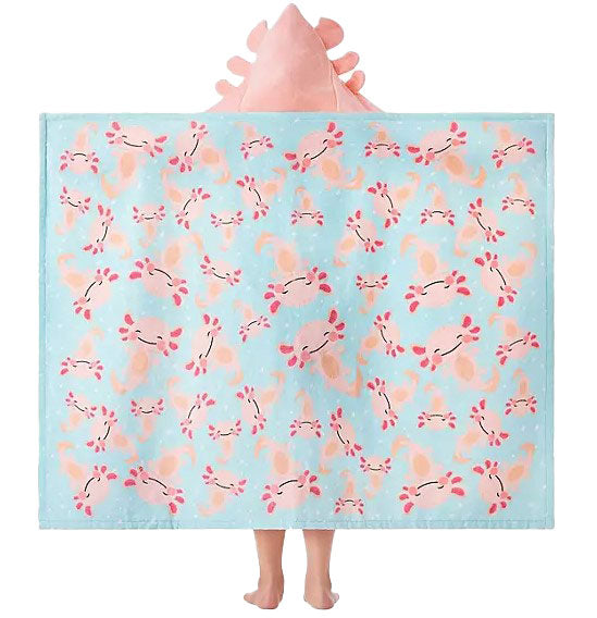 Personalized Axolotl Hooded Beach Towel for Kids, worn by a child