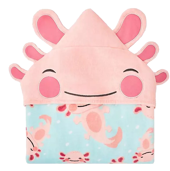 Personalized Axolotl Hooded Beach Towel for Kids, flat view with axolotl hood