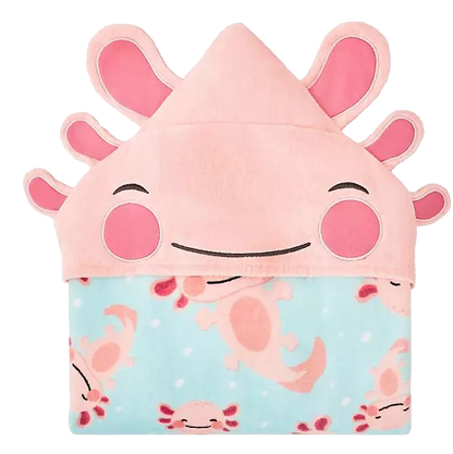 Personalized Axolotl Hooded Beach Towel for Kids, flat view with axolotl hood