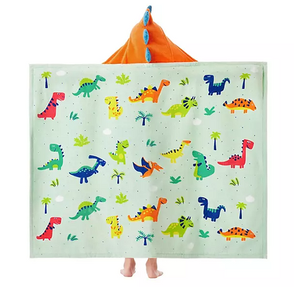 Personalized Dinosaurs Hooded Beach Towel for Kids, flat view with dinosaur hood