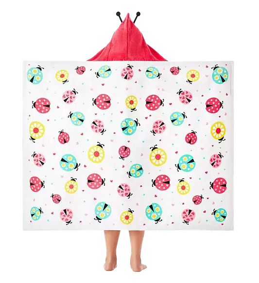 Personalized Ladybugs Hooded Beach Towel for Kids, flat view with ladybug hood