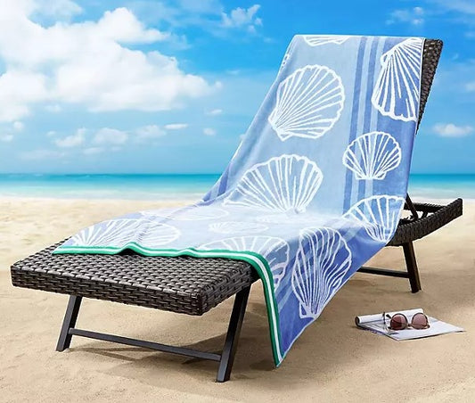 Personalized Tossed Shells Oversized Beach Towel 40 x 72 in, product view draped over a beach lounger