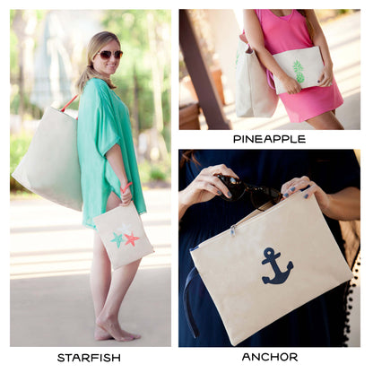 Collage of starfish, pineapple and anchor wristlet pouches
