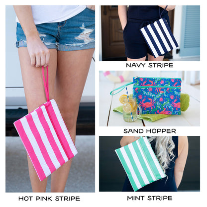 Collage of pink stripe, navy stripe, mint stripe and coastal-print wristlet pouches