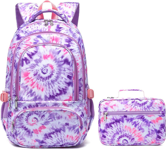 Pink and purple tie-dye backpack and lunchbox set with pink accents and no visible name or monogram.