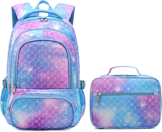 Backpack and lunchbox set with a blue and purple mermaid scale pattern and sparkly accents.