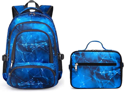 Blue backpack and lunchbox set with a white abstract constellation pattern.