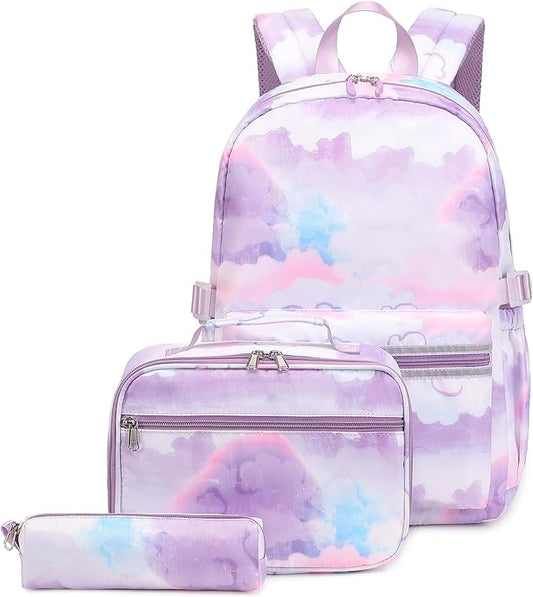 Purple clouds pattern backpack, lunchbox, and pencil bag set with pastel pink, blue, and purple watercolor clouds.