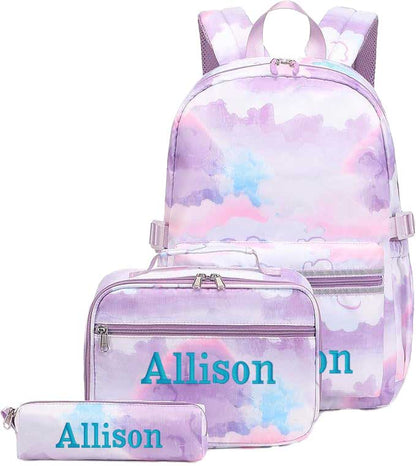 Purple cloud pattern backpack, lunchbox, and pencil bag set with Allison embroidered in teal.