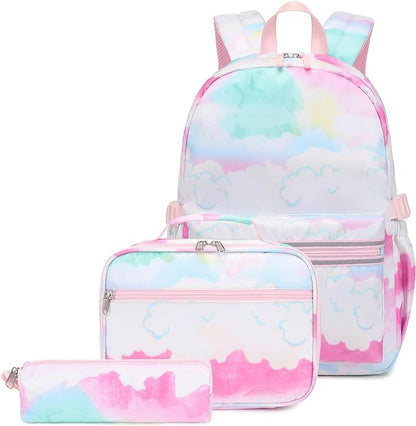 Backpack, lunchbox, and pencil bag set featuring a pastel pink, blue, and green clouds pattern.