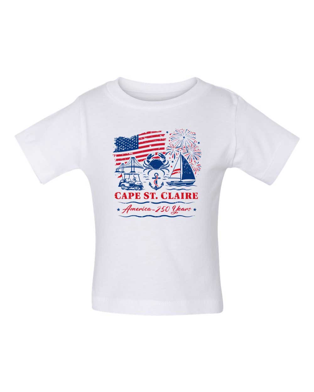 White t-shirt with Cape St. Claire graphic design featuring an American flag, sailboat, and fireworks on a white background.
