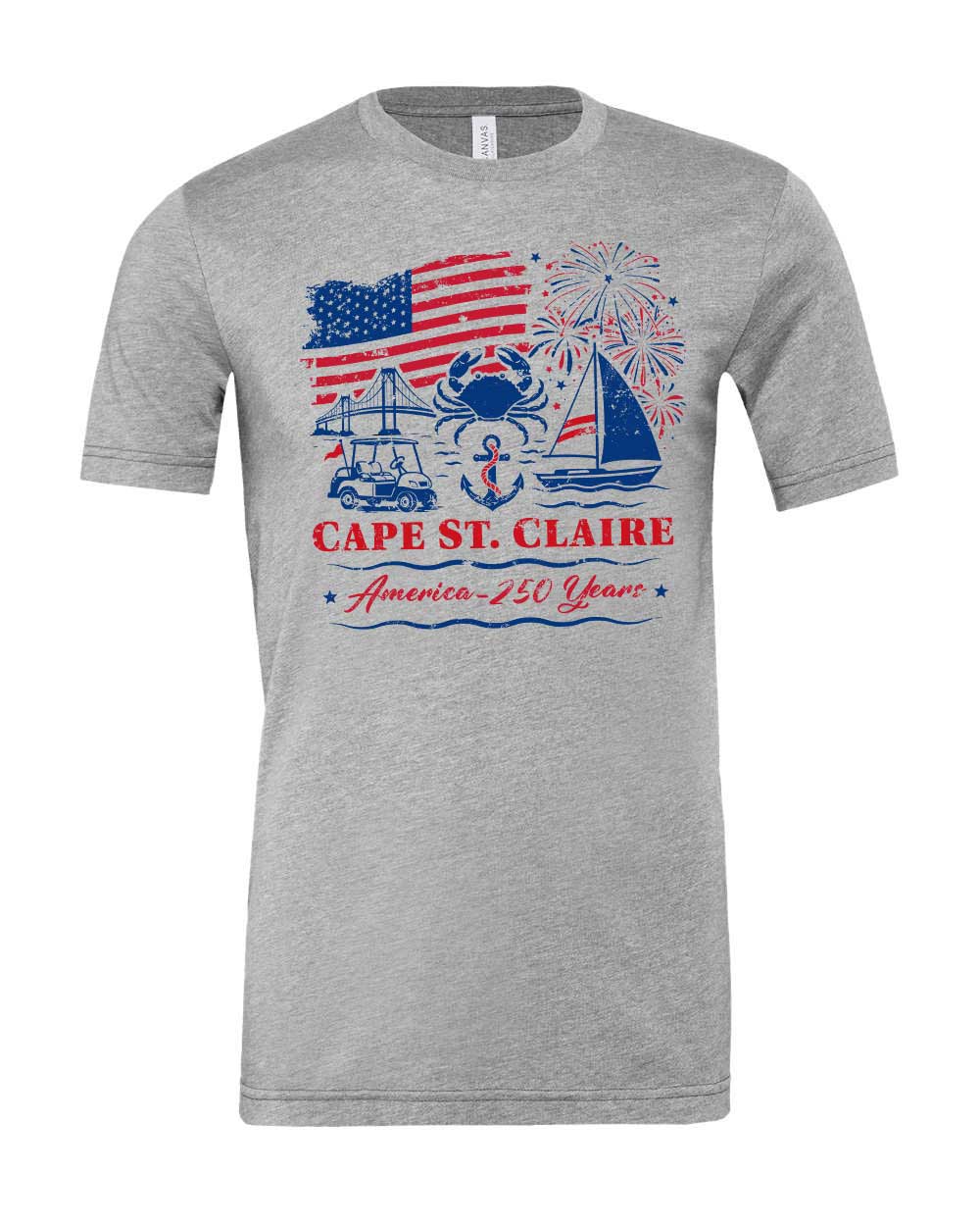 Gray t-shirt with Cape St. Claire graphic design featuring an American flag, boat, and other elements on a white background.
