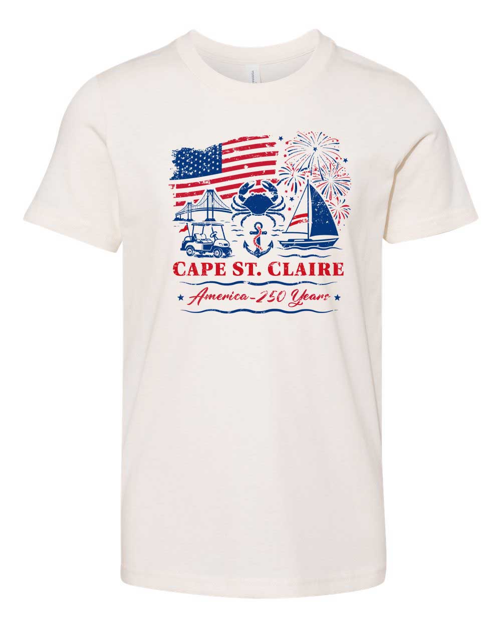 White t-shirt with Cape St. Claire graphic design featuring an American flag, boat, and fireworks on a white background.