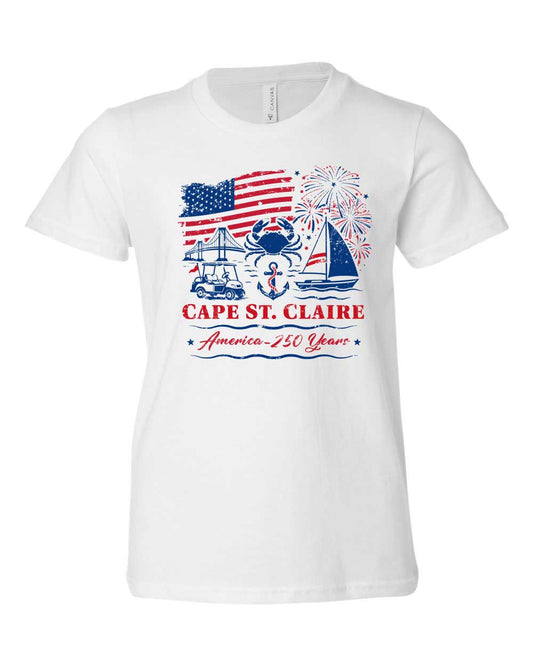 White t-shirt with Cape St. Claire design featuring American flag, sailboat, and fireworks on a white background.