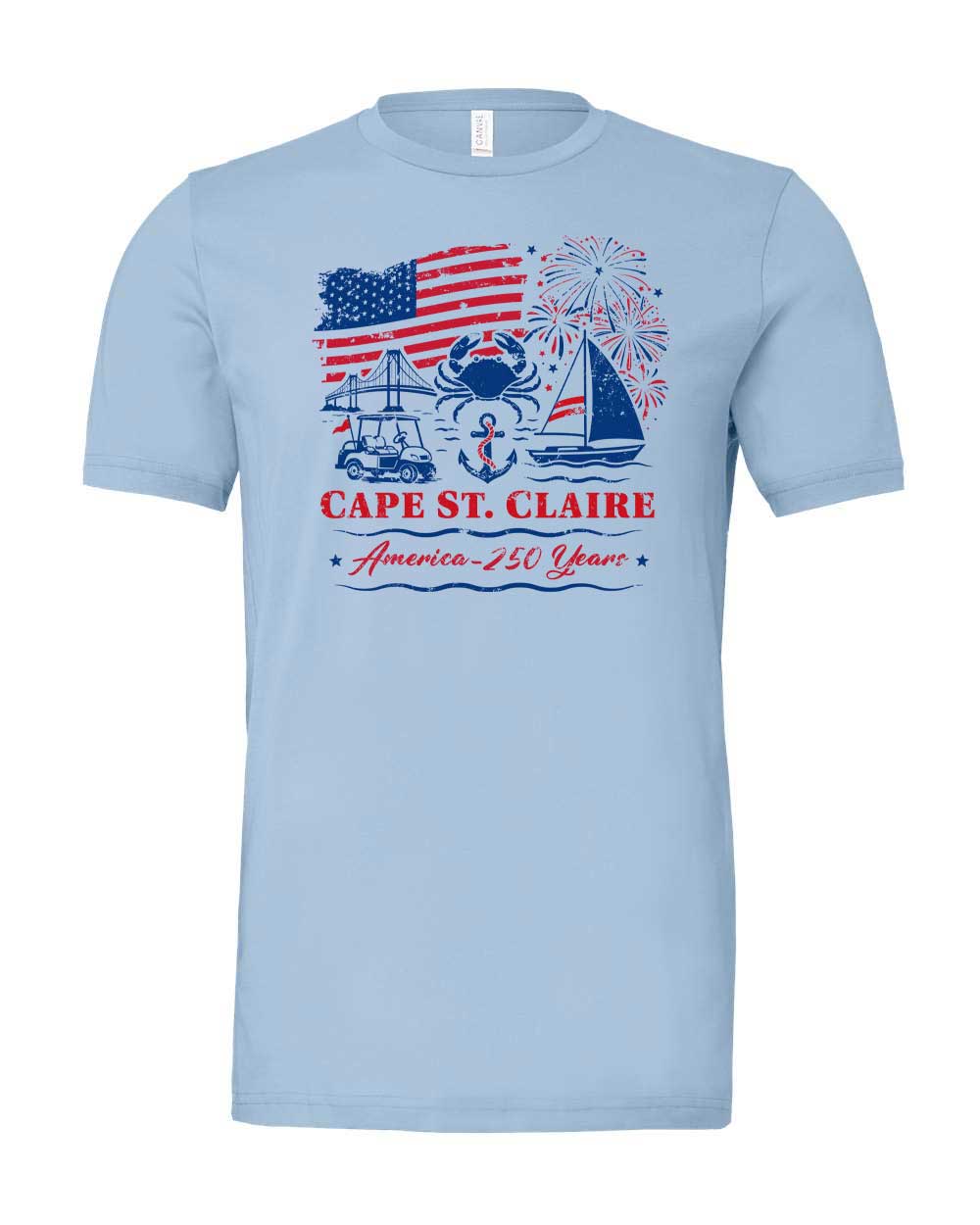 Light blue t-shirt with Cape St. Claire graphic design on a white background