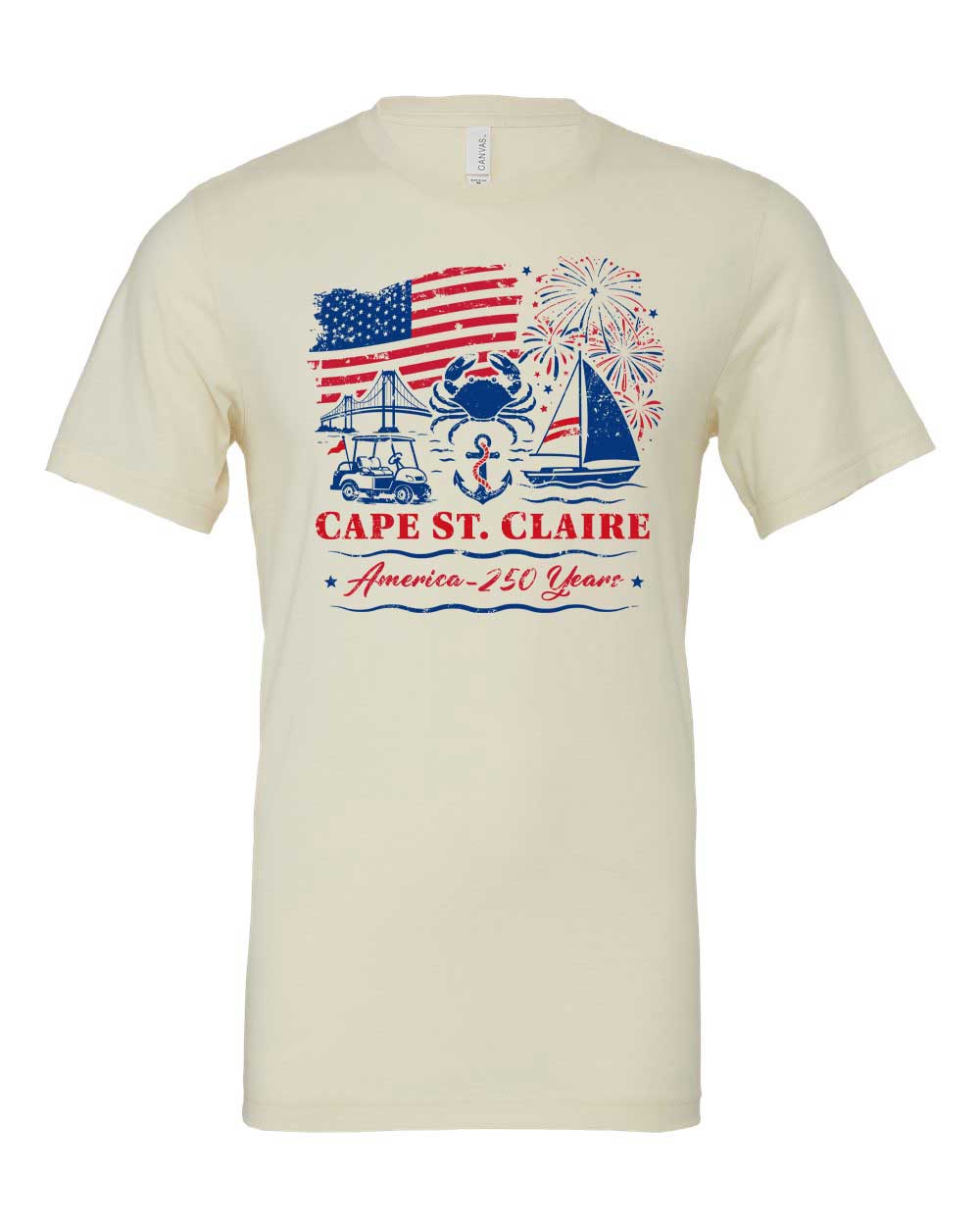 Beige t-shirt with Cape St. Claire graphic design featuring American flag, sailboat, and crab on a white background.