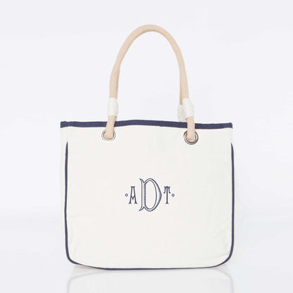 Personalized Rope Tote for Everyday Carry, Natural & Navy personalized front
