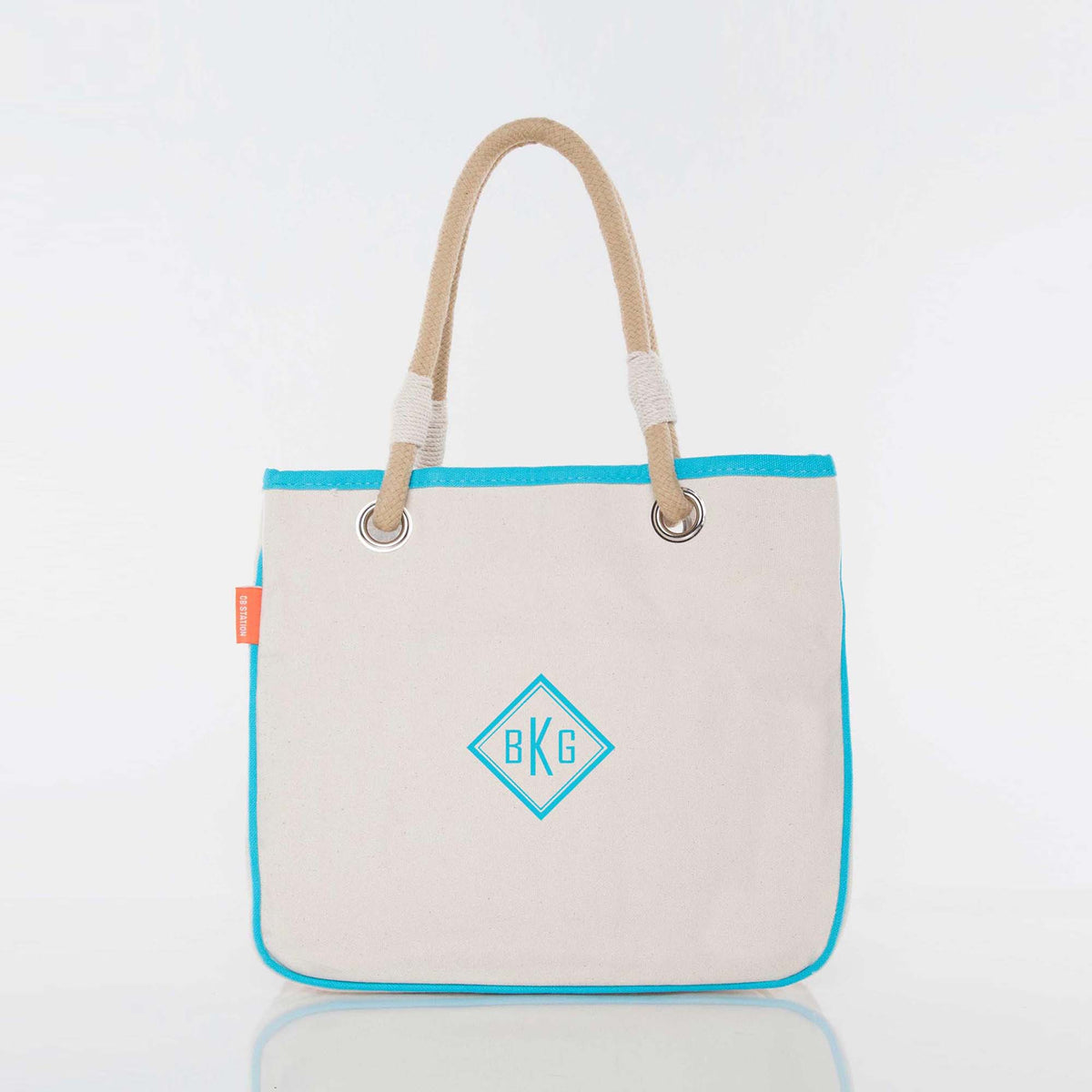 Personalized Rope Tote for Everyday Carry, Natural & Turquoise personalized front