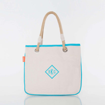 Personalized Rope Tote for Everyday Carry, Natural & Turquoise personalized front
