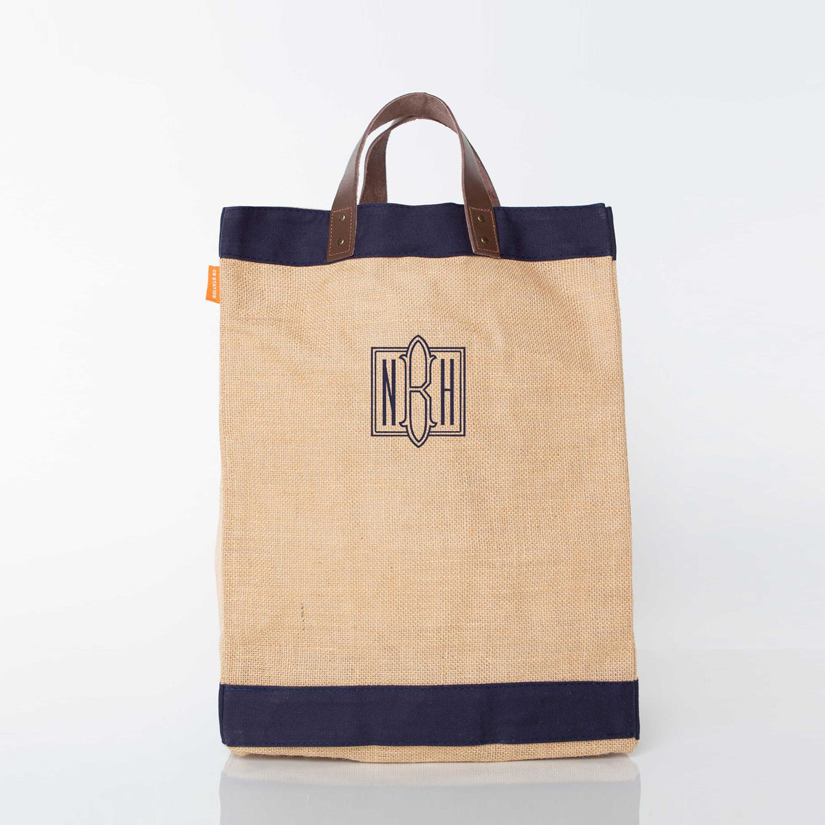 Personalized Jute Market Bag for Fresh Finds, Navy (17.5in H x 13) personalized front