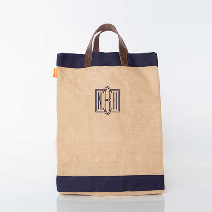 Personalized Jute Market Bag for Fresh Finds, Navy (17.5in H x 13) personalized front