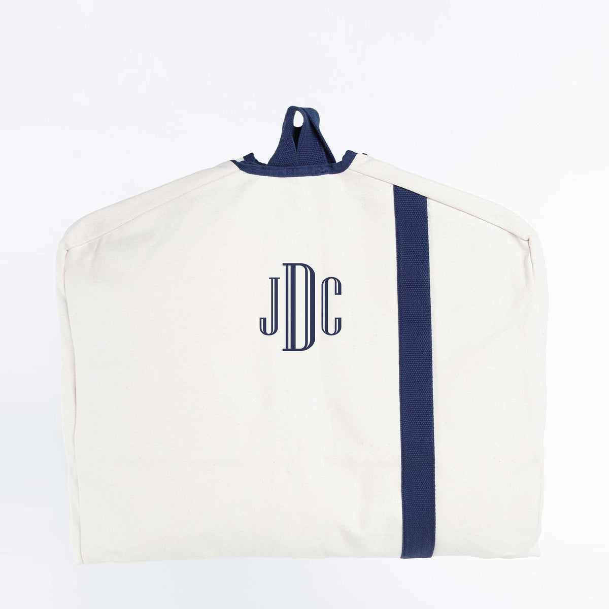 Personalized Garment Bag for Sharp Arrivals, Natural & Navy personalized front