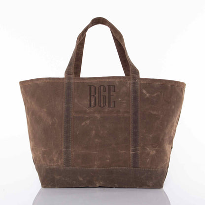 Personalized Waxed Large Classic Tote for Everyday Carry, Khaki personalized front