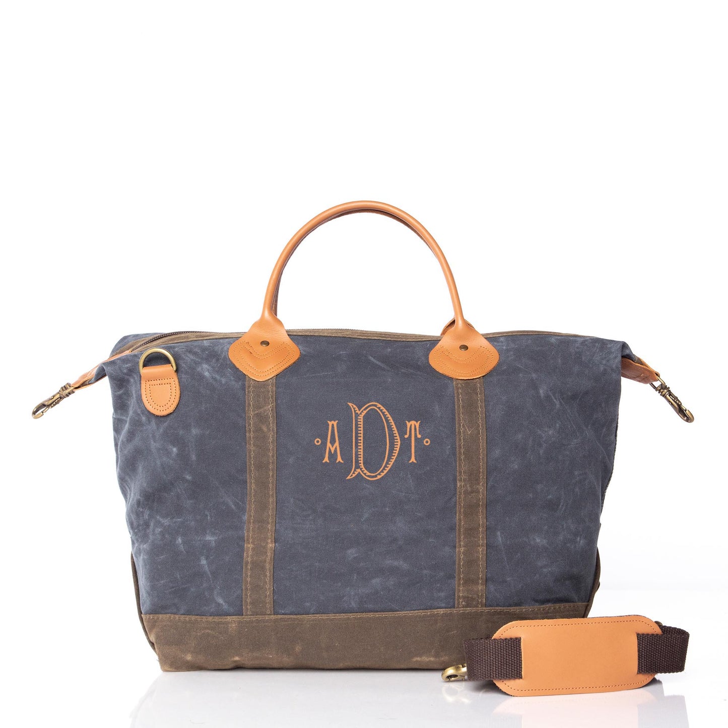 Personalized Waxed Weekender Bag for Short Getaways, Slate personalized front