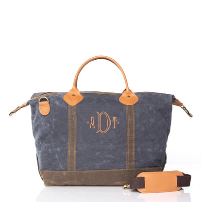 Personalized Waxed Weekender Bag for Short Getaways, Slate personalized front