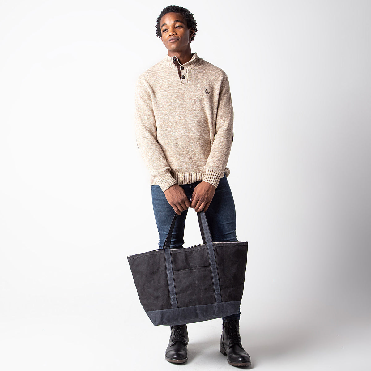 Personalized Waxed Large Classic Tote for Everyday Carry, Black alternate view 3
