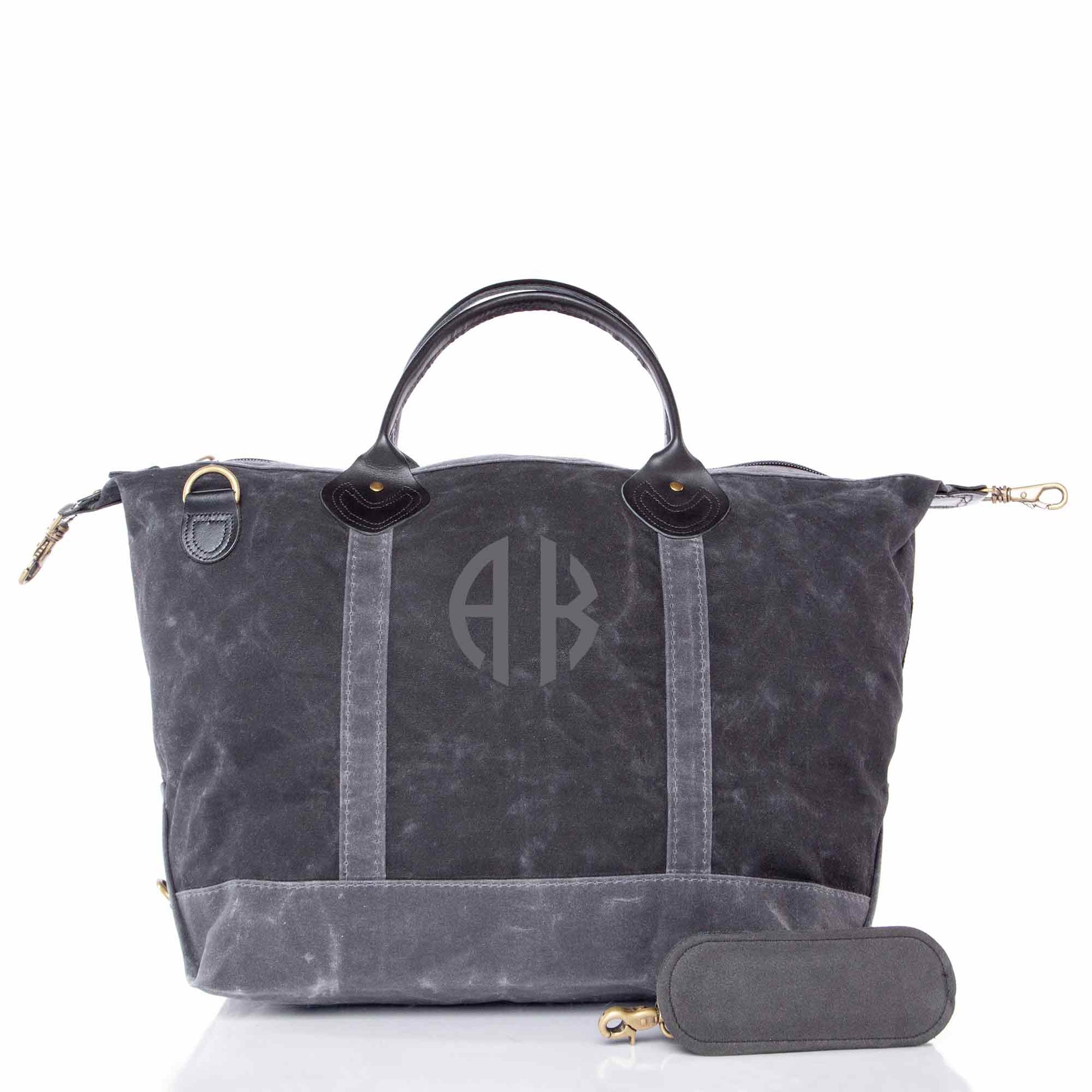 Personalized Waxed Weekender Bag for Short Getaways, Black personalized front