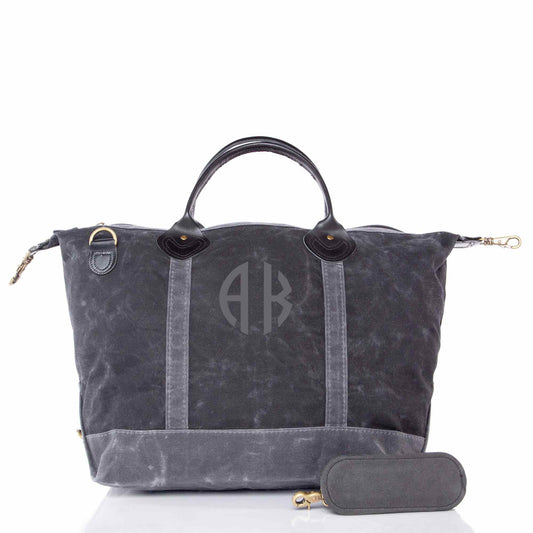 Personalized Waxed Weekender Bag for Short Getaways, Black personalized front